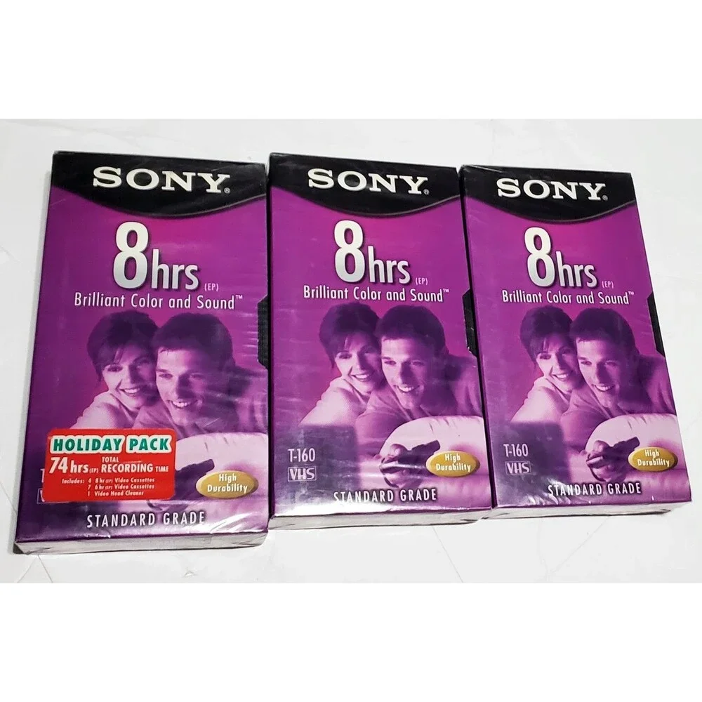 3 Sony VHS T-160 Blank Tapes 8HR Standard Grade New Sealed Vintage VCR